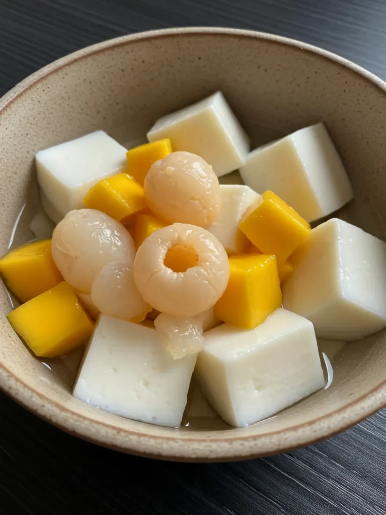 A spoon scooping into a creamy mango lychee panna cotta, showing its smooth texture.