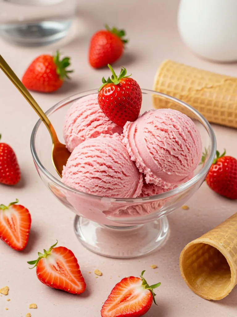 A detailed scoop of the ninja creami strawberry ice cream recipe, showing its creamy texture and real fruit chunks.