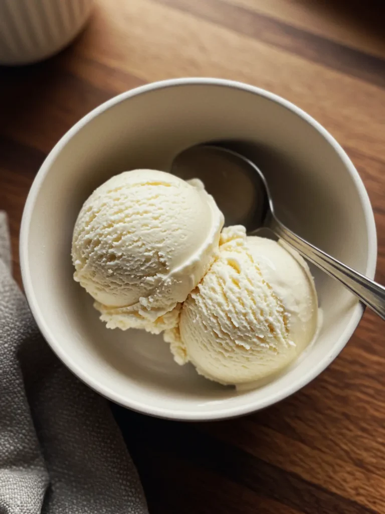A scoop of homemade ice cream from a Ninja Creami vanilla ice cream recipe without cream cheese in a white bowl.