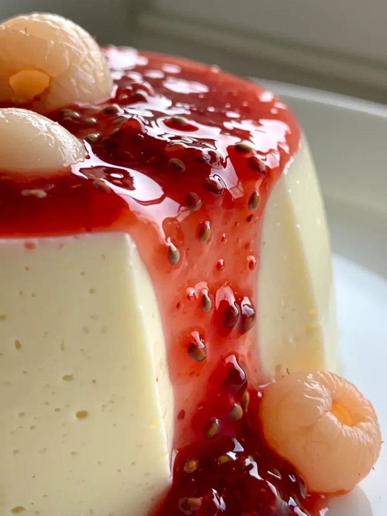 An unmolded raspberry lychee panna cotta on a white plate, topped with fresh fruit sauce and a mint leaf.