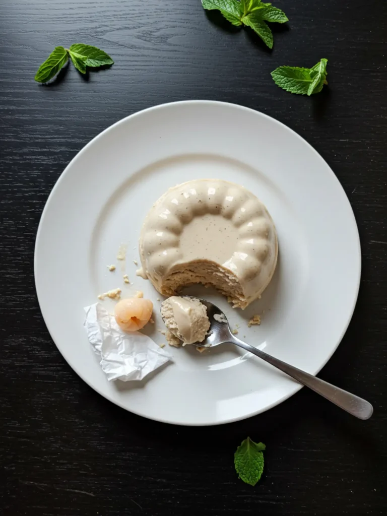 A finished vegan lychee panna cotta unmolded on a plate and topped with fresh mint.