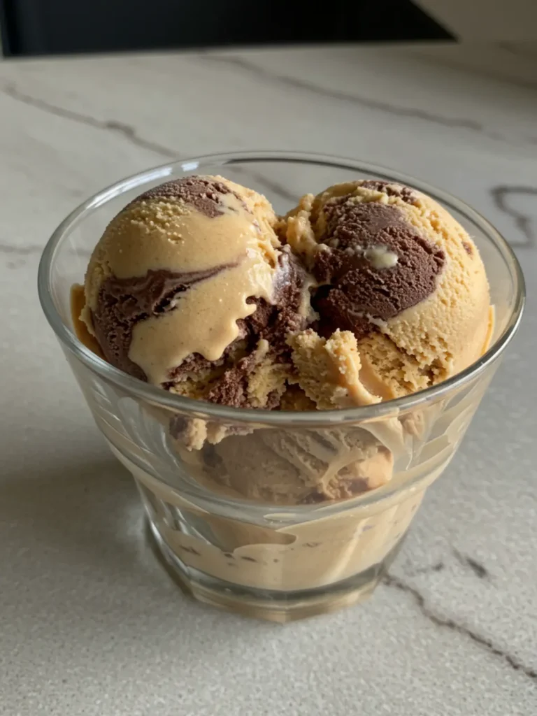 A glass dish with peanut butter cup ice cream from our list of Ninja Creami swirl recipes.
