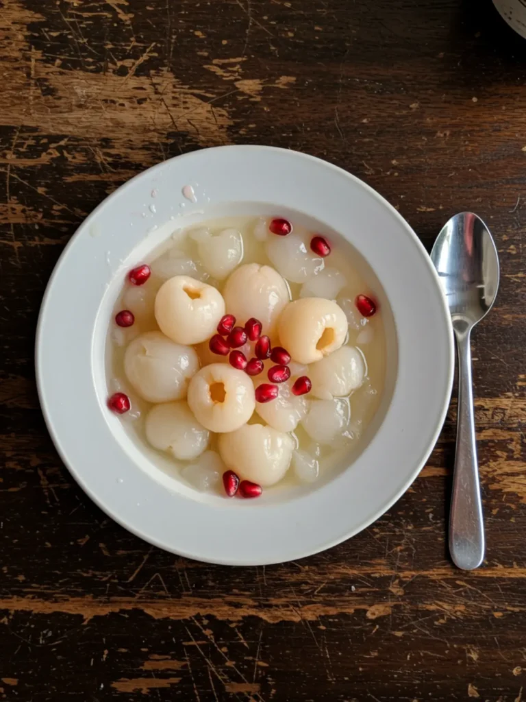A simple canned lychee dessert recipe served in a clear glass, showing pieces of lychee fruit.