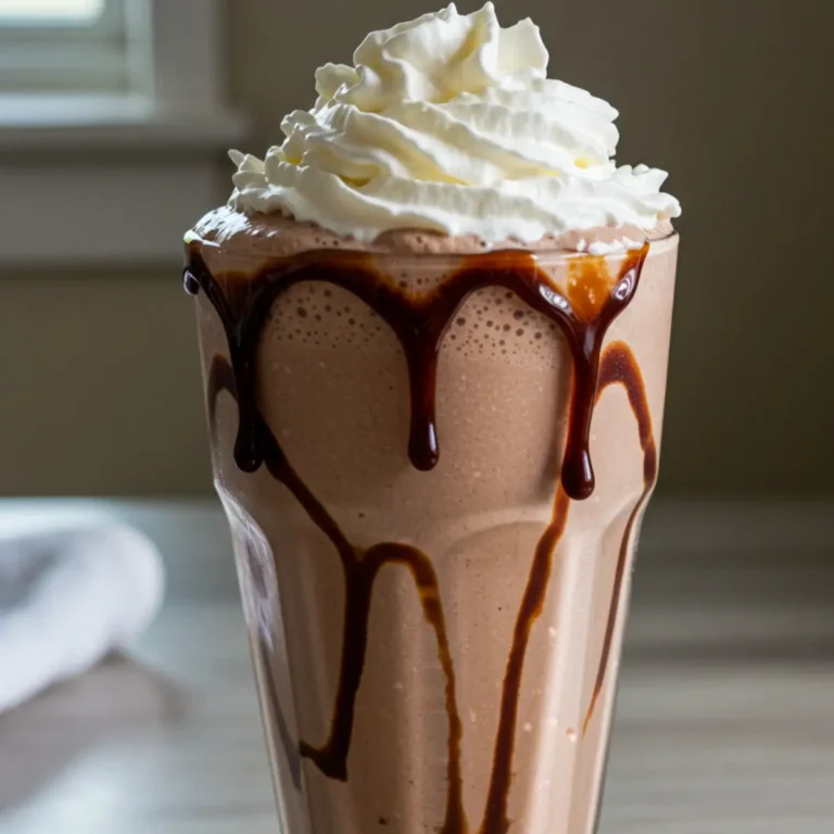 How to Make the Best Ninja Creami Milkshake Recipe at Home 18 A tall glass of a chocolate ninja creami milkshake recipe, topped with whipped cream and a chocolate drizzle.