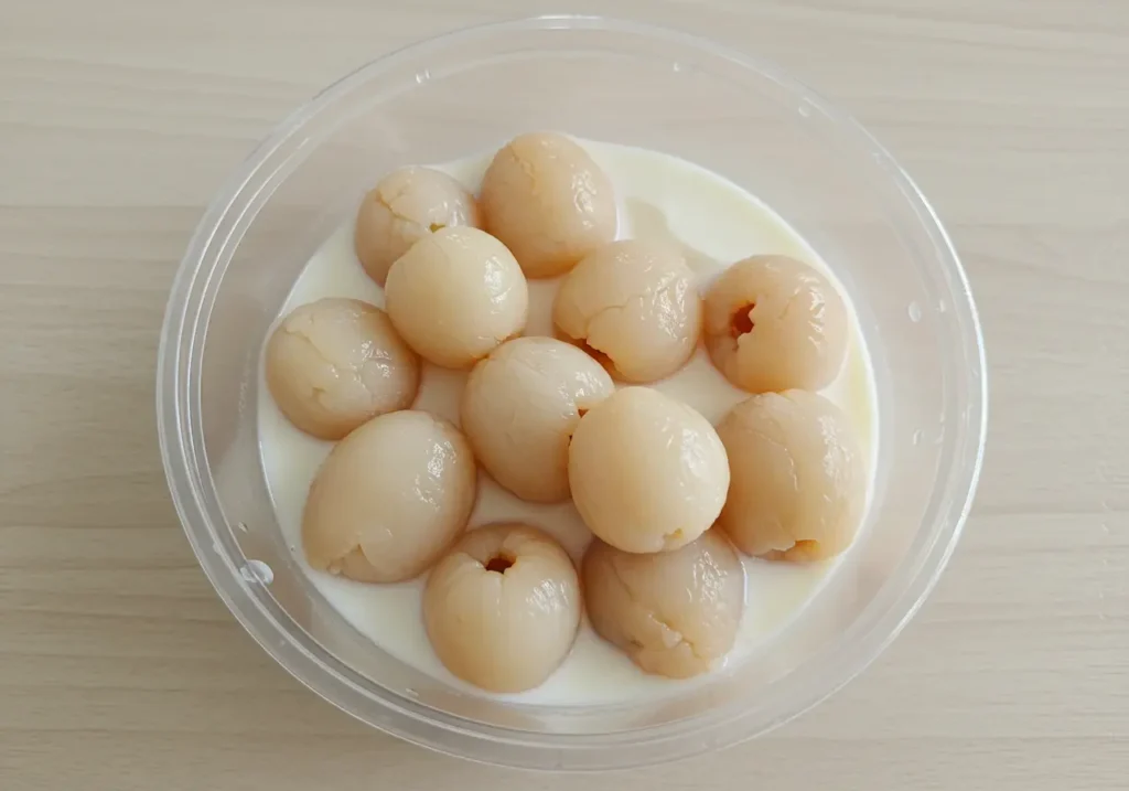 A bowl prepared for a lychee panna cotta vietnamese recipe with lychees in sweet milk.