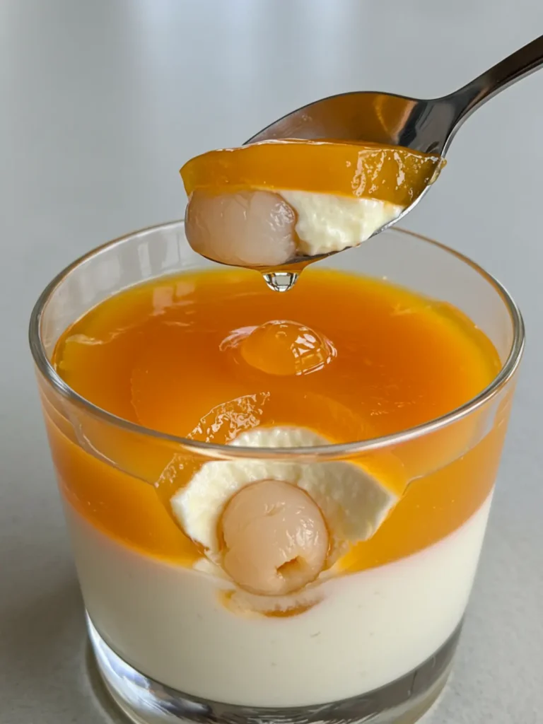 A layered mango lychee panna cotta in a clear glass, topped with fresh mint.