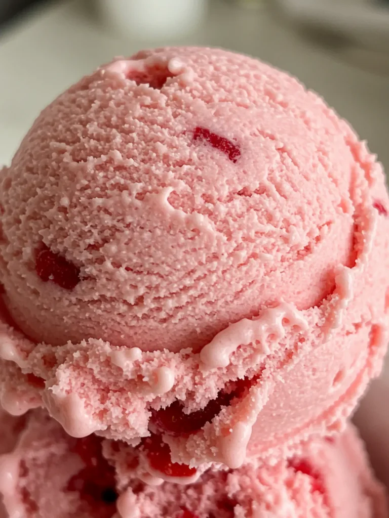 Two scoops of homemade ninja creami strawberry ice cream recipe in a white bowl with a fresh strawberry slice.