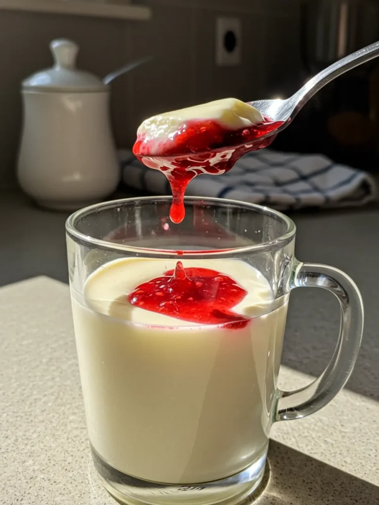 A glass serving dish with a creamy dessert from an easy panna cotta recipe, topped with a rich berry sauce.
