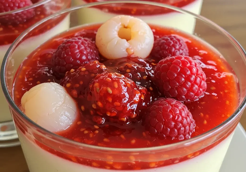 A glass of Raspberry Lychee Panna Cotta topped with fresh raspberries and whole lychees.