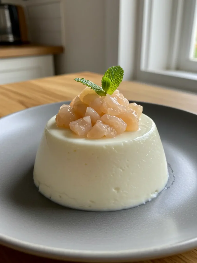 A serving of vegan lychee panna cotta in a clear glass, showing its creamy layers.
