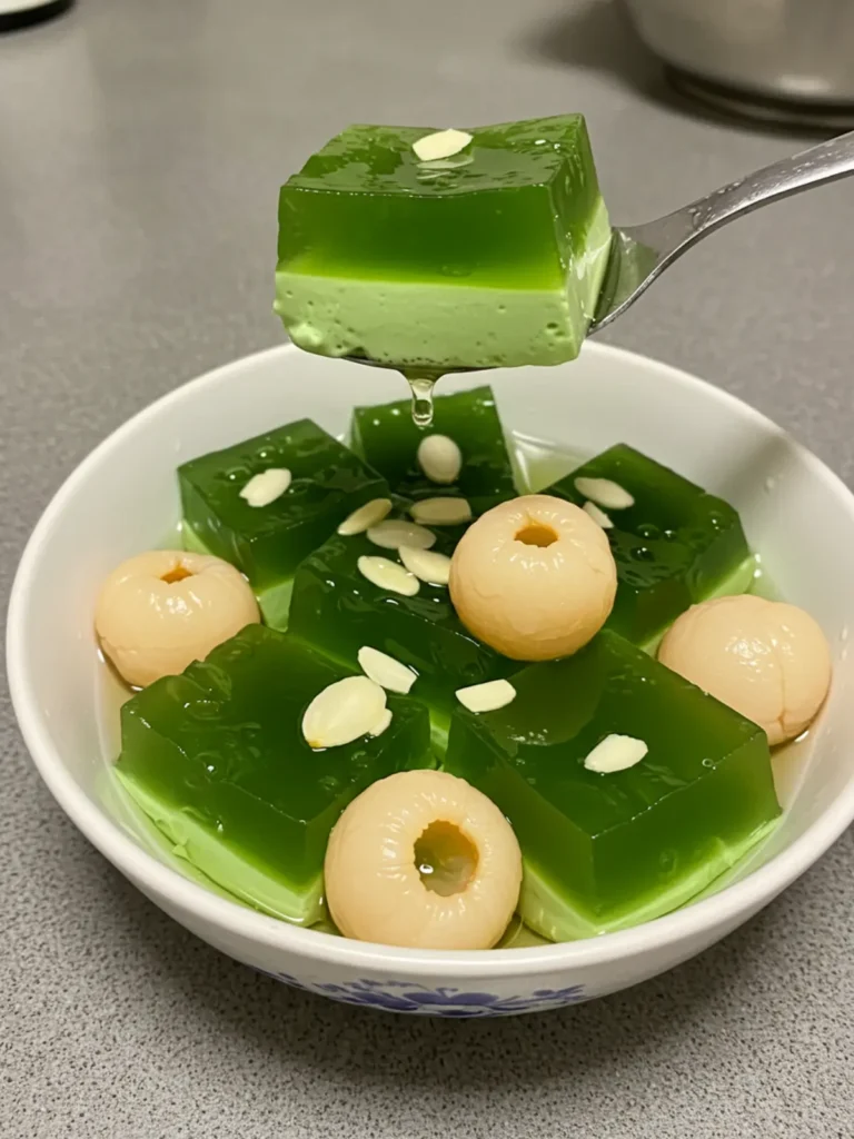 A bowl of homemade Vietnamese panna cotta sweet soup with lychees and toasted almonds.