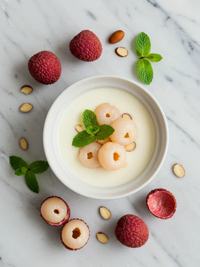 How to Make Coconut Lychee Panna Cotta: Guilt-Free Treat 20 A single, unmolded coconut lychee panna cotta sitting on a minimalist gray plate with a drizzle of syrup.