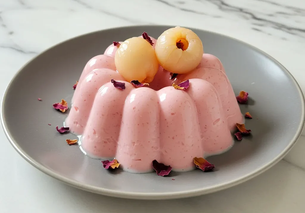 A beautiful molded lychee rose panna cotta infused with delicate floral notes.