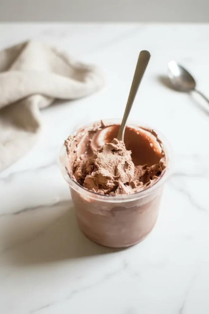 A bowl of fudgy chocolate ice cream topped with chocolate shavings, made with ninja creami recipes with pudding mix.