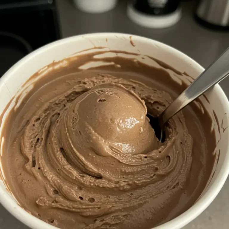 Ninja Creami Base Recipe: Easy, Creamy & Perfect Every Time 22 A pint of freshly spun chocolate protein ice cream from a ninja creami base recipe, with a spoon inside.