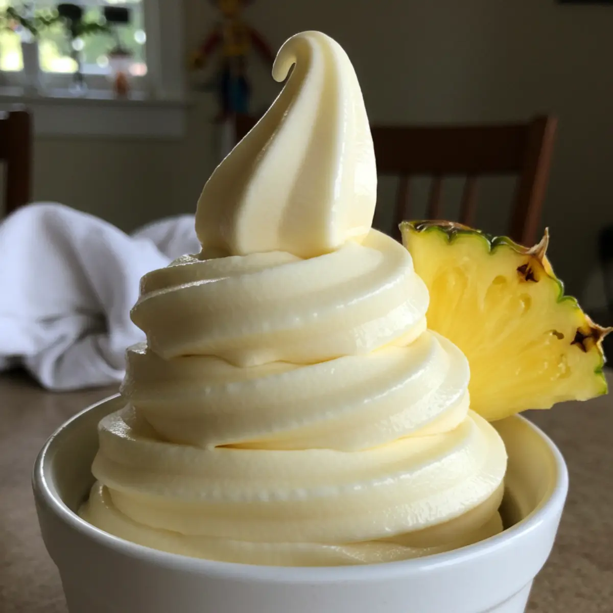 Easy High Protein Ninja Creami 1 A detailed view of the silky smooth ninja creami dole whip recipe served in a glass dessert cup.