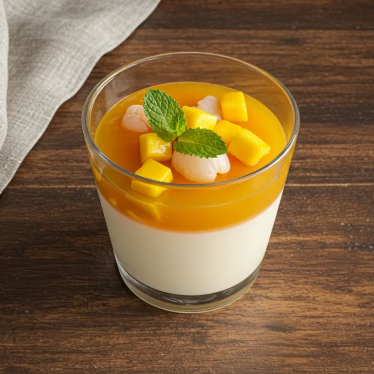 Pouring the orange mango jelly over the set white base for a mango lychee panna cotta.