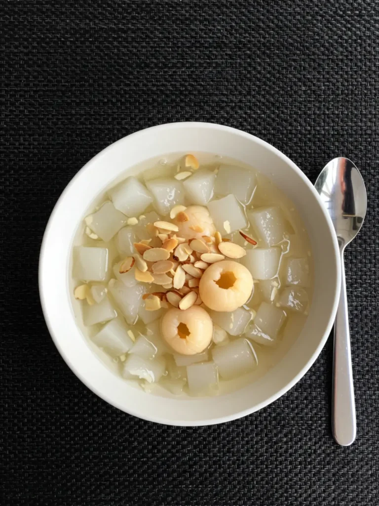 A white bowl filled with Vietnamese panna cotta sweet soup, showing the creamy jelly and fruit.