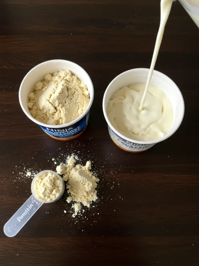 How to Make the Best Ninja Creami Milkshake Recipe at Home 19 Preparing a ninja creami milkshake recipe, with scoops of ice cream and milk in the pint container.