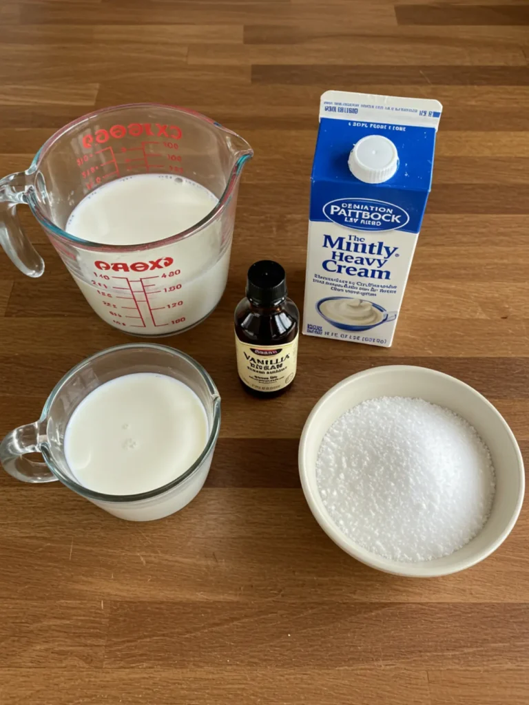 Milk, heavy cream, and vanilla for the Ninja Creami vanilla ice cream recipe without cream cheese.