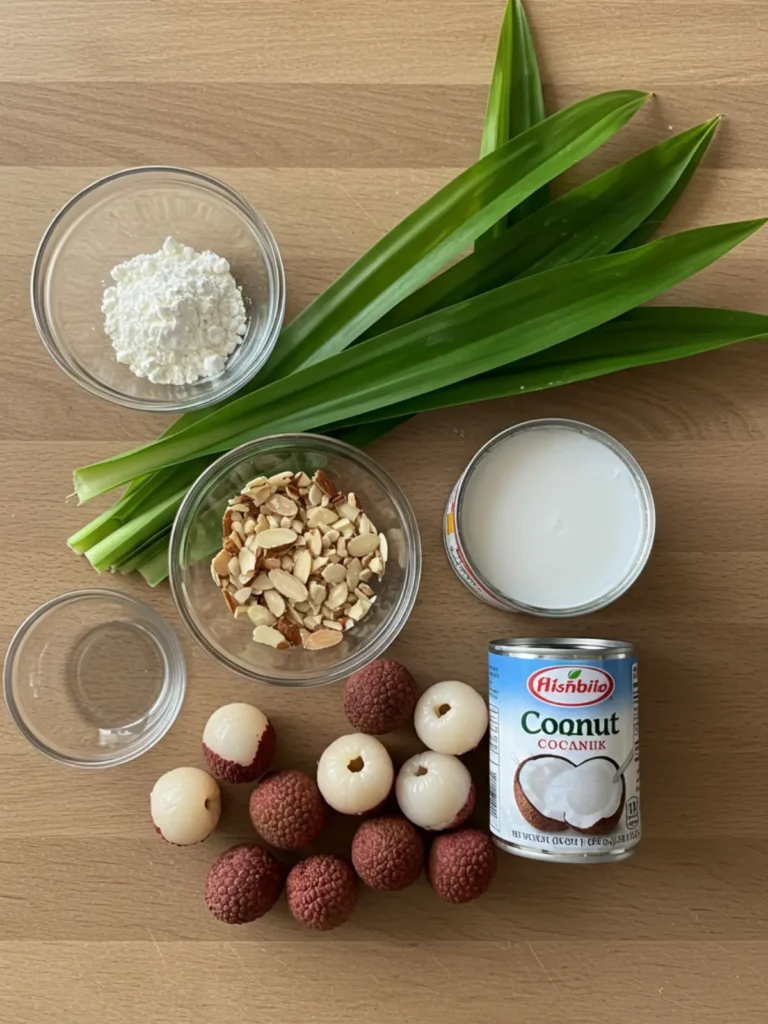 Ingredients like coconut milk, gelatin, and almonds for making Vietnamese panna cotta sweet soup.