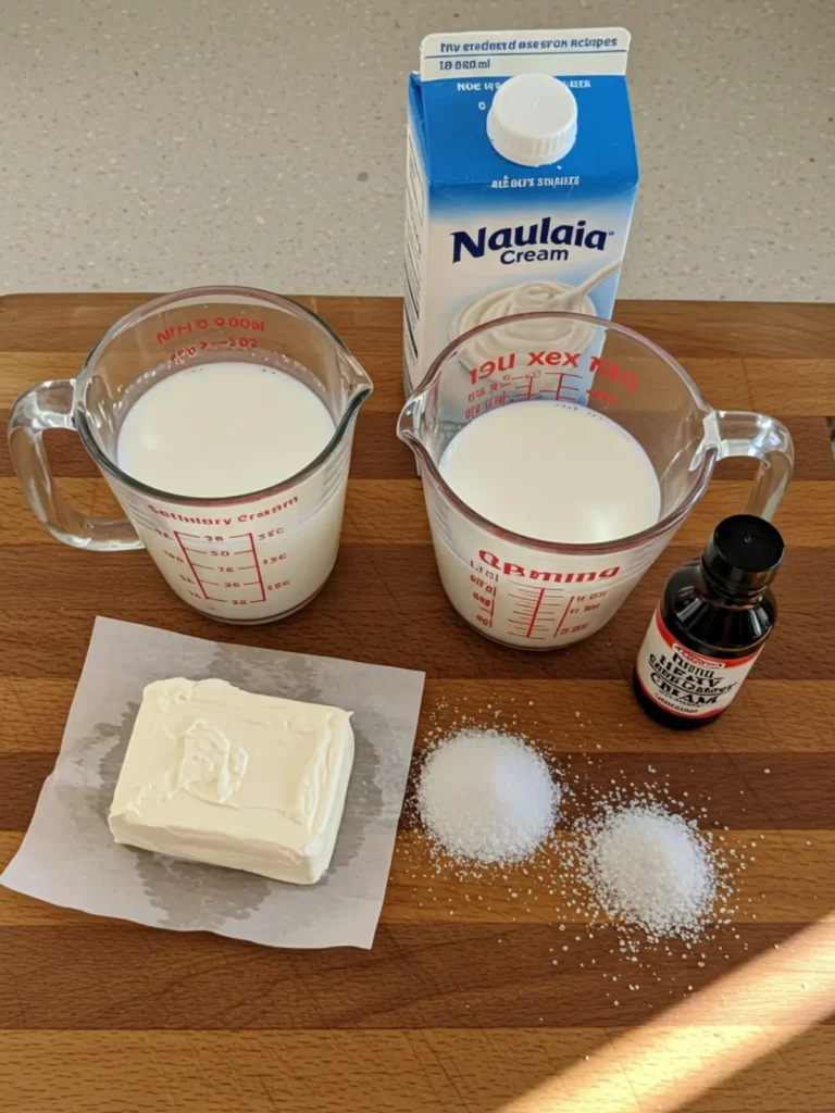 Ninja Creami Base Recipe: Easy, Creamy & Perfect Every Time 23 Ingredients like cream cheese, milk, and sugar arranged on a counter for a ninja creami base recipe.
