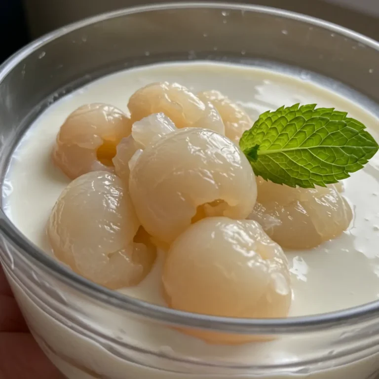 A white lychee coconut milk dessert topped with toasted coconut flakes and diced mango.