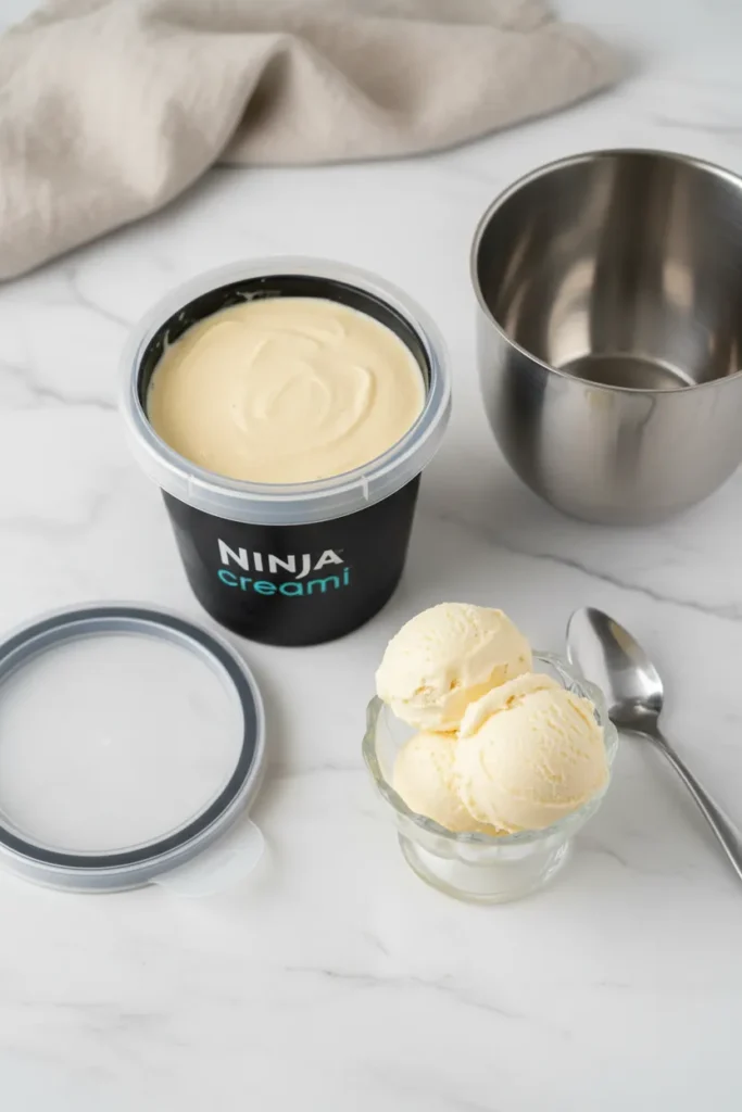 Cooking the smooth, yellow base for the Ninja Creami custard recipe in a saucepan.