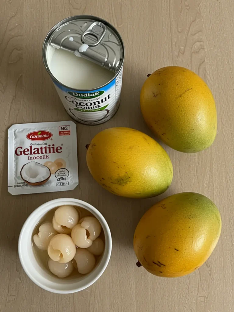 Fresh mangoes, canned lychees, and coconut milk for making mango lychee panna cotta.