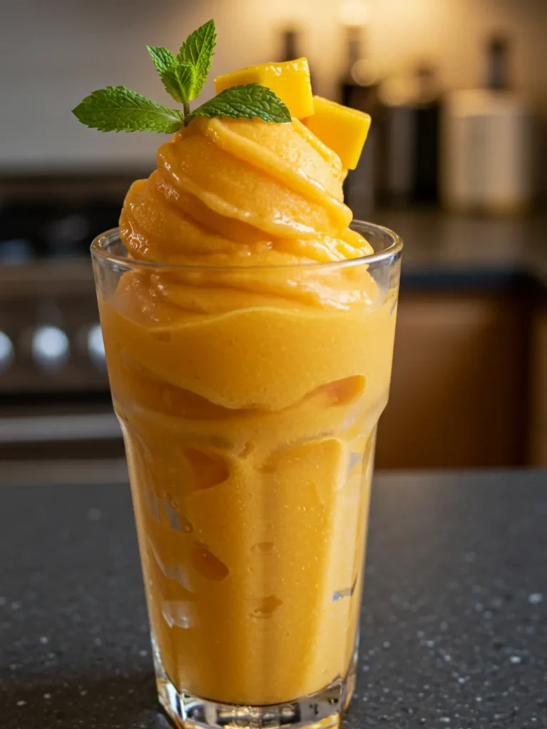 A mango variation of the ninja creami dole whip recipe served in a tall glass with a mint garnish.