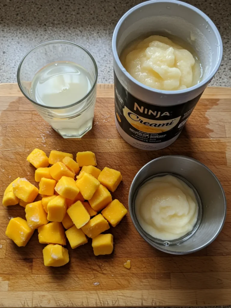 How to Make a Perfect Ninja Creami Slushie Recipe (Fast!) 20 A bright orange mango frozen drink made with the Ninja Creami slushie recipe, served in a tall glass.