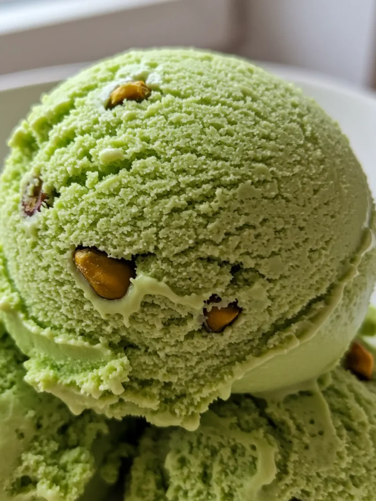 Ninja Creami Base Recipe: Easy, Creamy & Perfect Every Time 17 A detailed scoop of homemade pistachio ice cream showing the texture of a ninja creami base recipe with nut pieces.