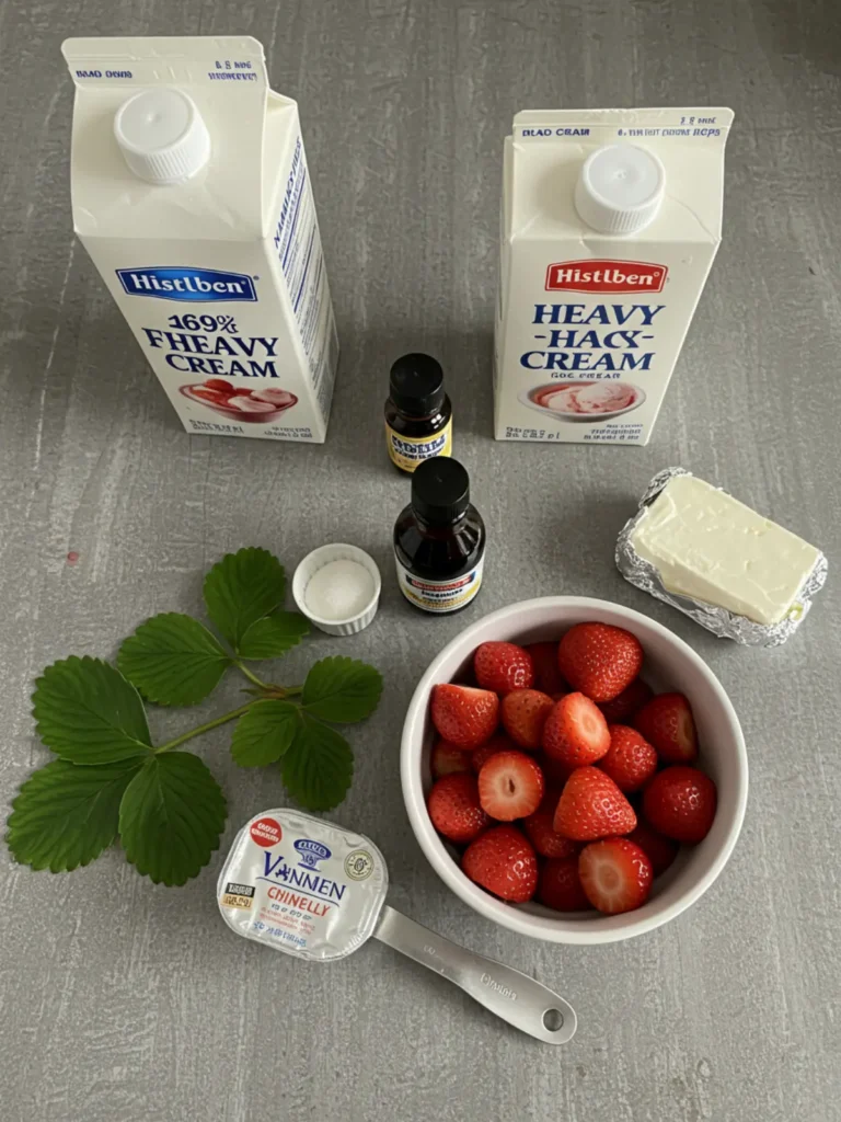 Fresh ingredients for the ninja creami strawberry ice cream recipe, including strawberries, cream, and vanilla.