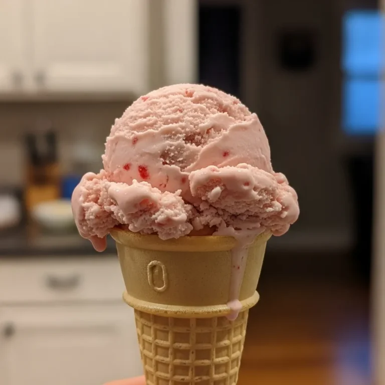 A top-down view of the finished ninja creami strawberry ice cream recipe inside the machine's pint container.