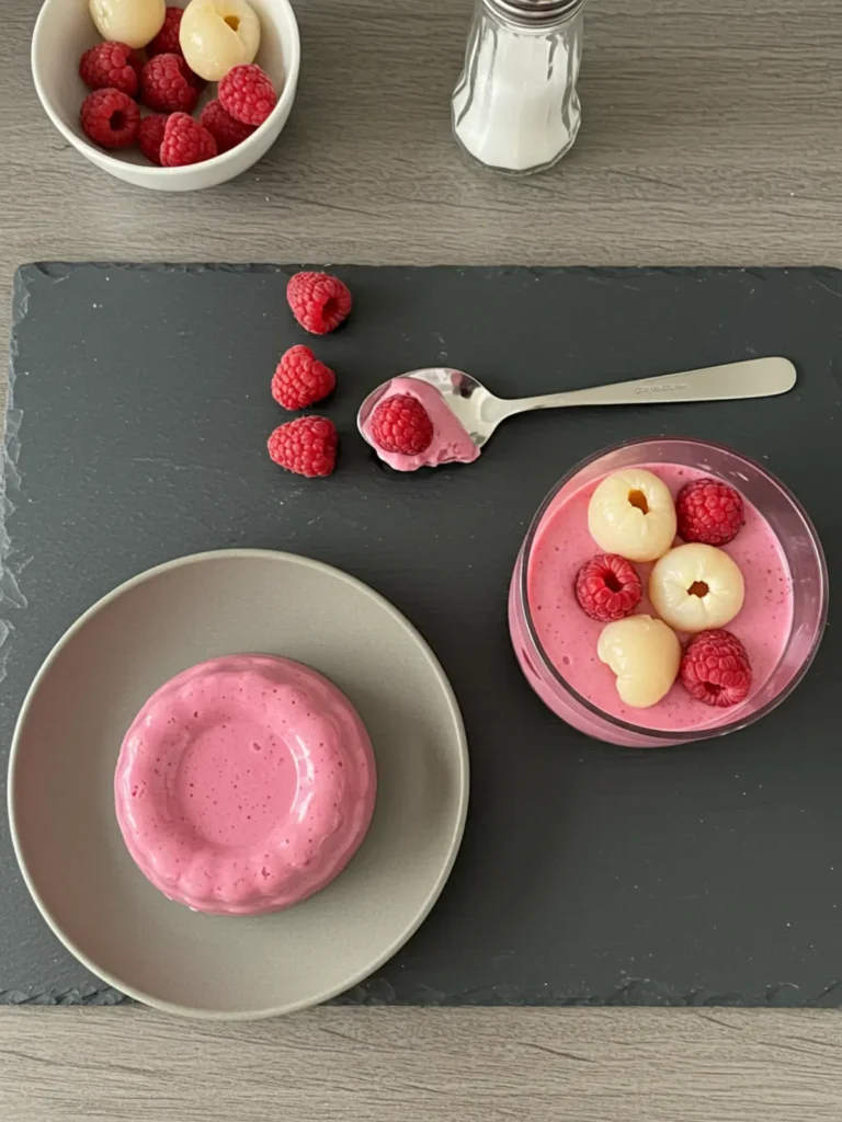 A spoonful of raspberry lychee panna cotta, showing its perfectly smooth and creamy texture.