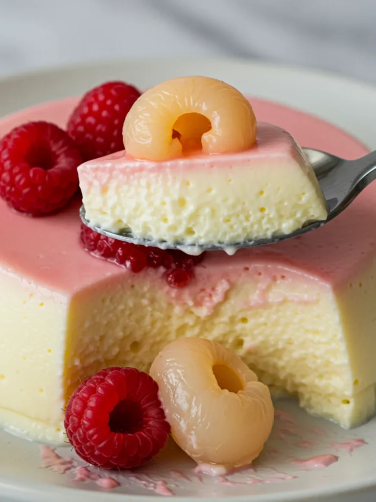 A detailed view of the vibrant, textured raspberry and lychee sauce poured over the smooth panna cotta.