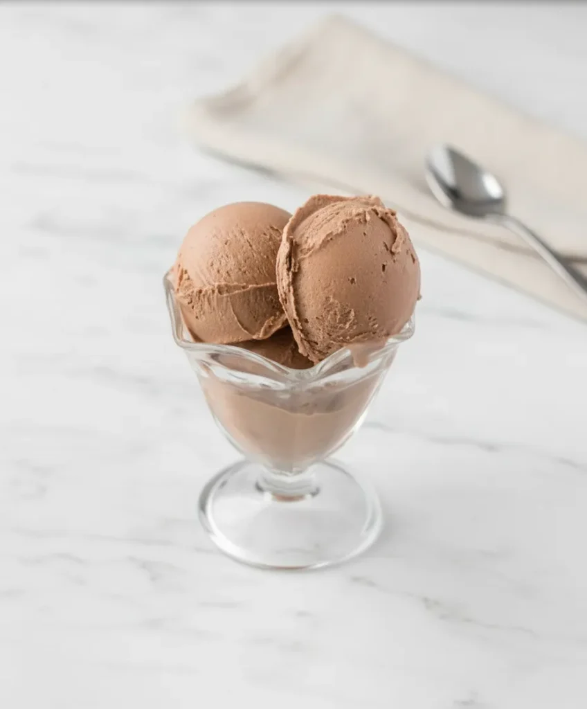 A spoonful of velvety dark chocolate ice cream from one of our ninja creami recipes with pudding mix.