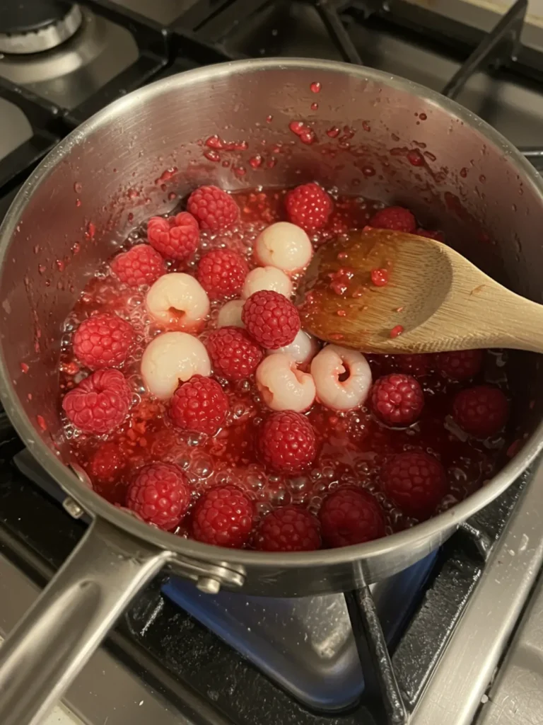 Fresh raspberries and lychees in a saucepan, ready to be cooked down into a delicious topping.