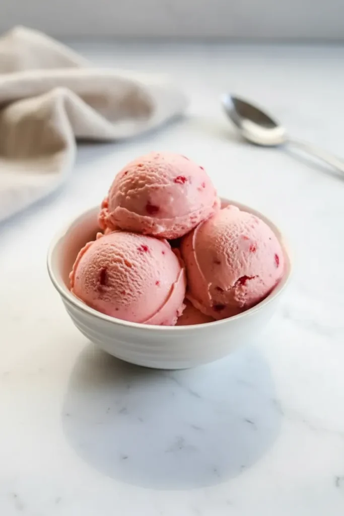 A single scoop of bright red sorbet from a ninja creami frozen fruit recipe, presented in a white bowl with a mint leaf.