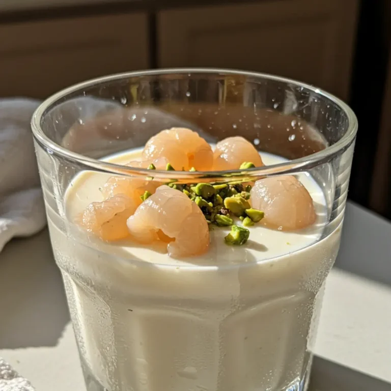 A spoon cutting into a vegan lychee panna cotta, revealing its perfectly smooth texture.