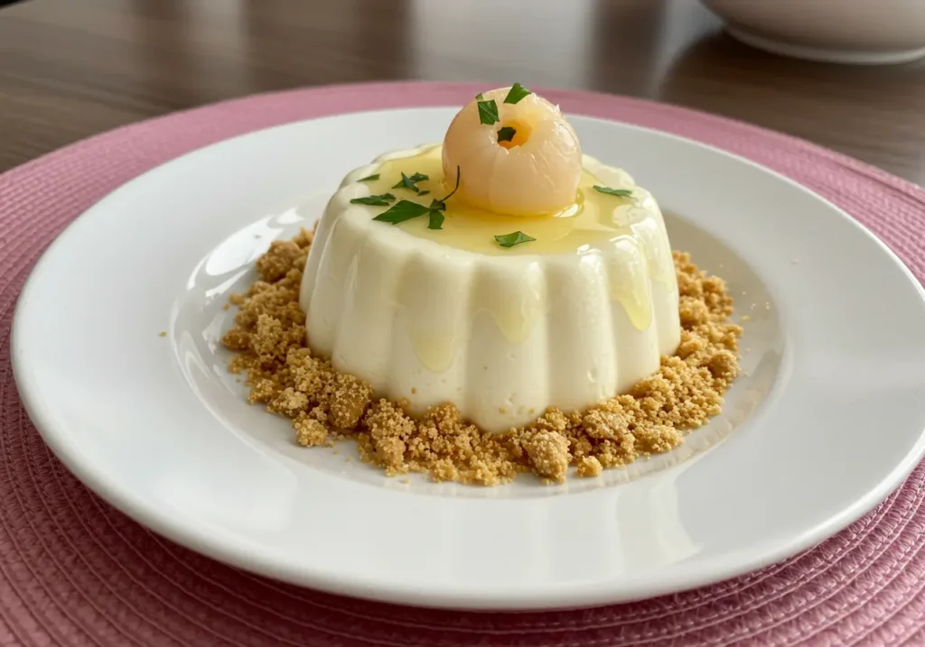 A dessert made from a canned lychee dessert recipe, elegantly plated with crumbs.