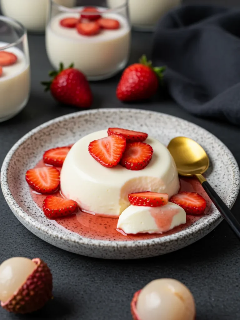 A single serving of a canned lychee dessert recipe on a plain plate, showing its clean, set shape.