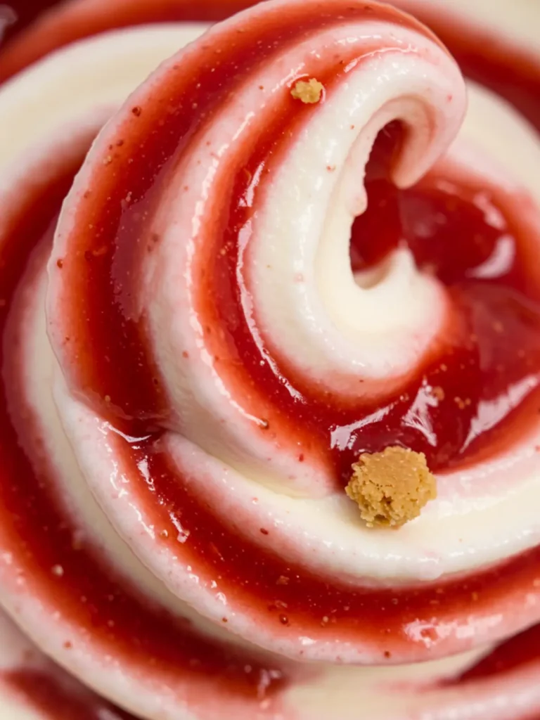 A close view of a strawberry cheesecake dessert, an example of our Ninja Creami swirl recipes.