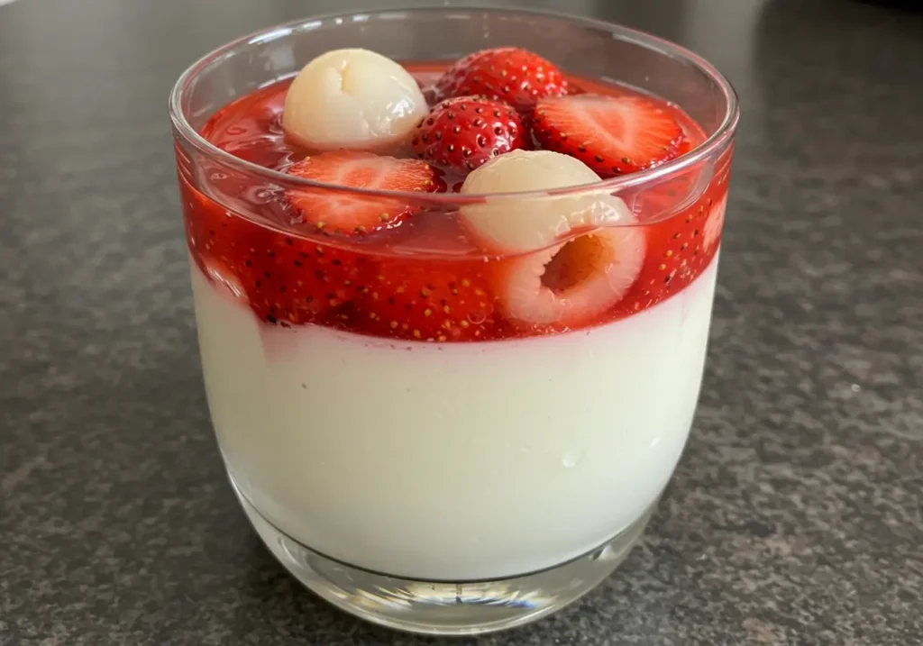 Layers of creamy panna cotta and a vibrant Strawberry Lychee Panna Cotta topping in a glass.