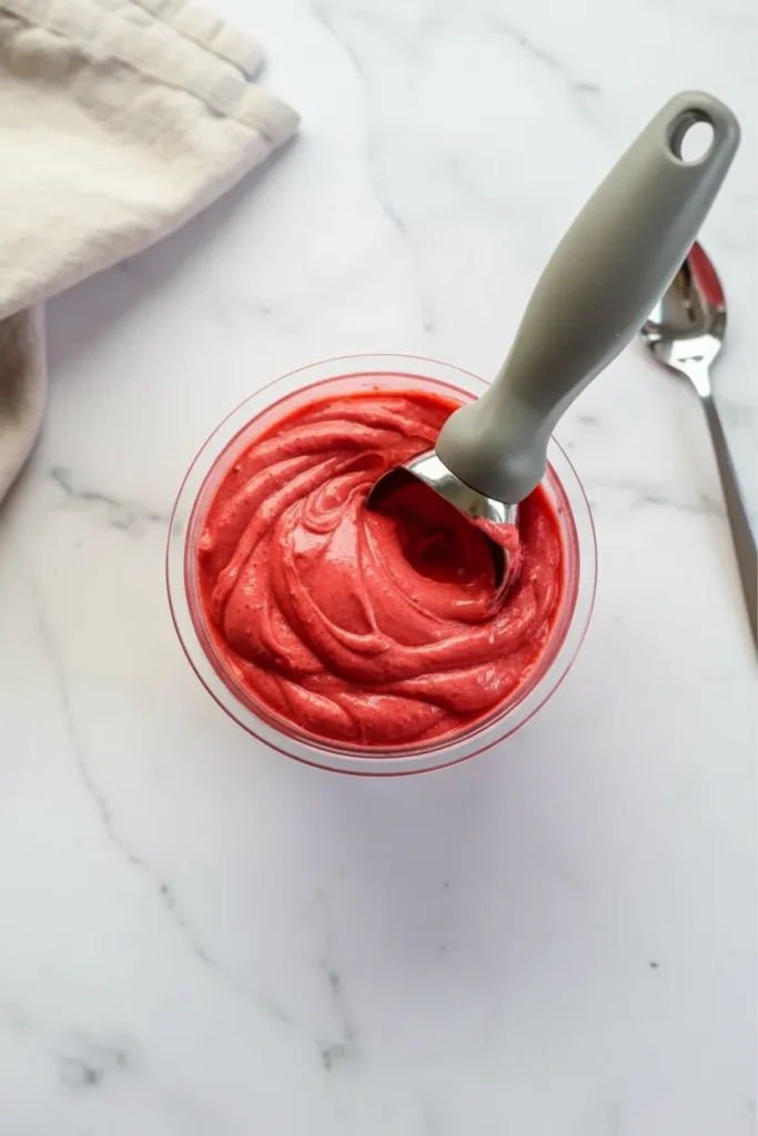 A pint of homemade strawberry sorbet made with a ninja creami frozen fruit recipe and garnished with a fresh strawberry slice.