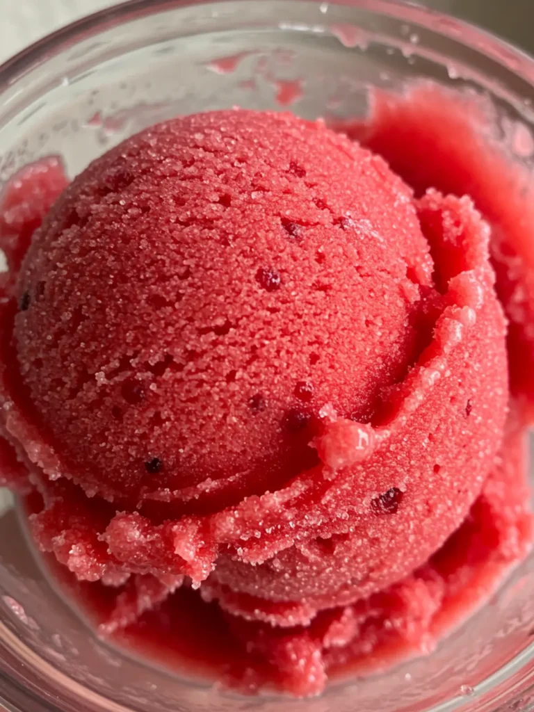 The Best Vegan Ninja Creami Recipes (Healthy & Simple) 25 A scoop of bright pink strawberry sorbet, a simple example of vegan ninja creami recipes.