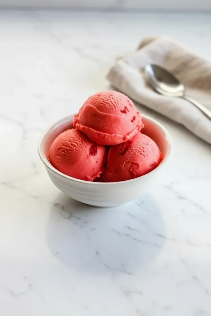 A pint of vibrant, perfectly smooth magenta sorbet, the final creamy result of a ninja creami frozen fruit recipe.