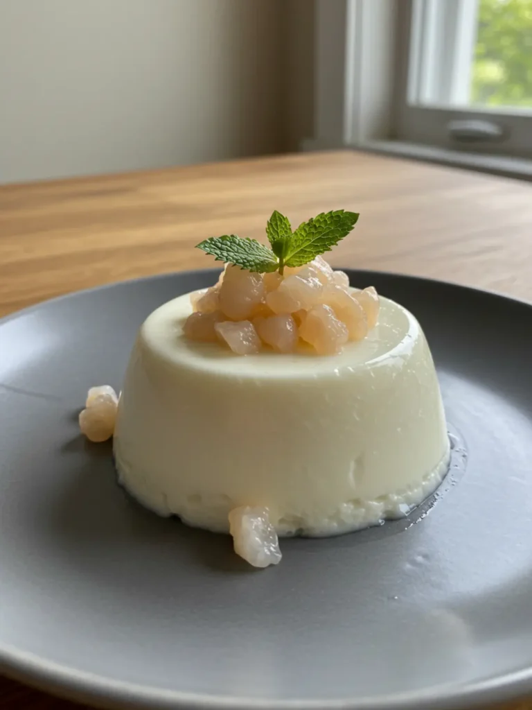 A detailed view of the chopped lychee topping on a smooth vegan lychee panna cotta.