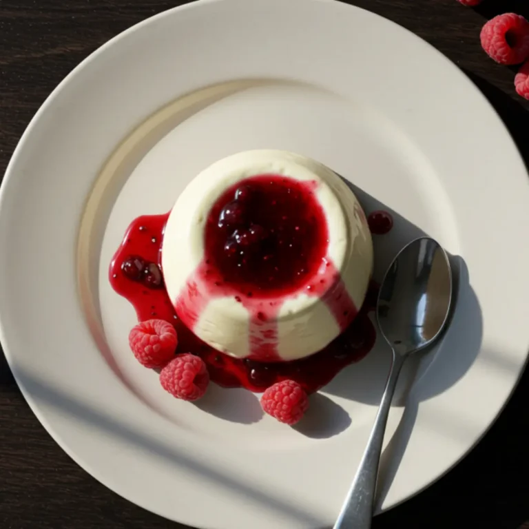 A beautiful white dessert from a vanilla bean panna cotta recipe, sitting in a pool of red berry sauce with a mint leaf on top.