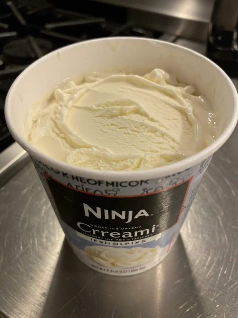 A bowl of ice cream with a fruit swirl made with the Ninja Creami vanilla ice cream recipe without cream cheese.